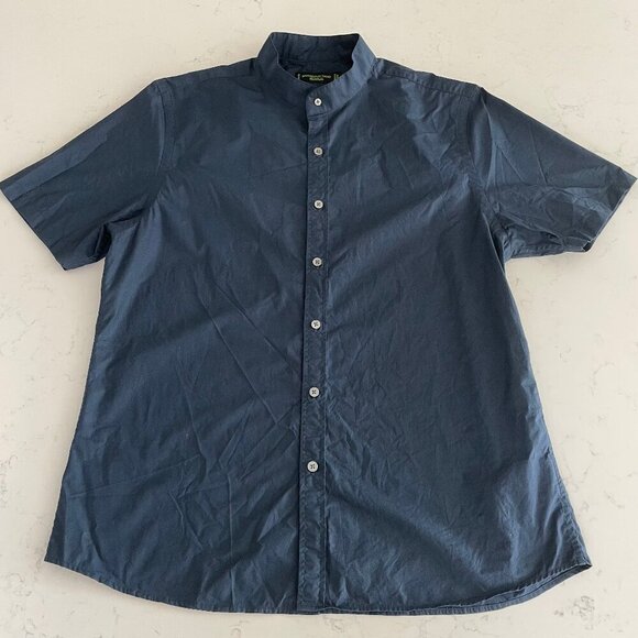 Shanghai Tang Designer SS Button Down Mandarin Collar Cotton Shirt Navy Blue L - Picture 1 of 12